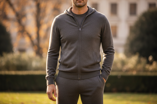 Generate me a realist photo with a man wearing a tracksuit made of casmir